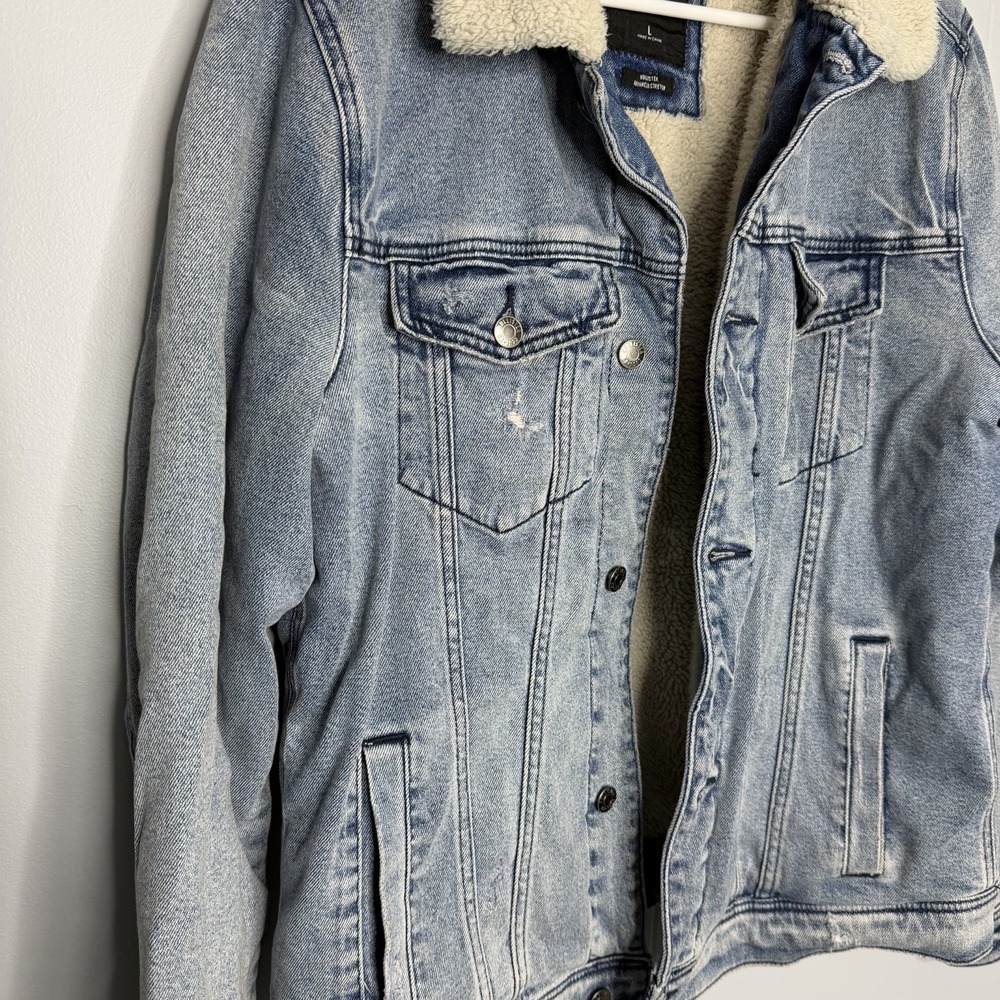 Abercrombie & Fitch Sherpa Lined Denim Trucker Jacket Mens Large Jean Coat - Picture 2 of 14